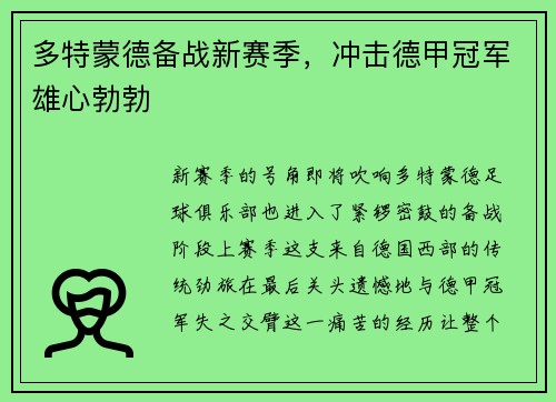 多特蒙德备战新赛季，冲击德甲冠军雄心勃勃