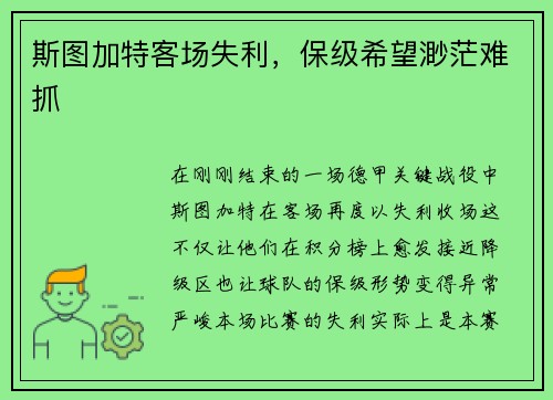 斯图加特客场失利，保级希望渺茫难抓