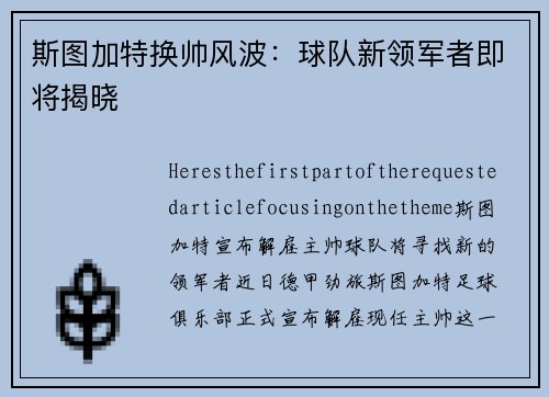 斯图加特换帅风波：球队新领军者即将揭晓